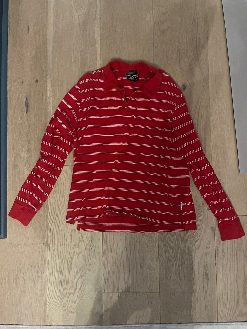 Vintage muscle Abercrombie & Fitch Red and White Striped Long Sleeve Polo Shirt